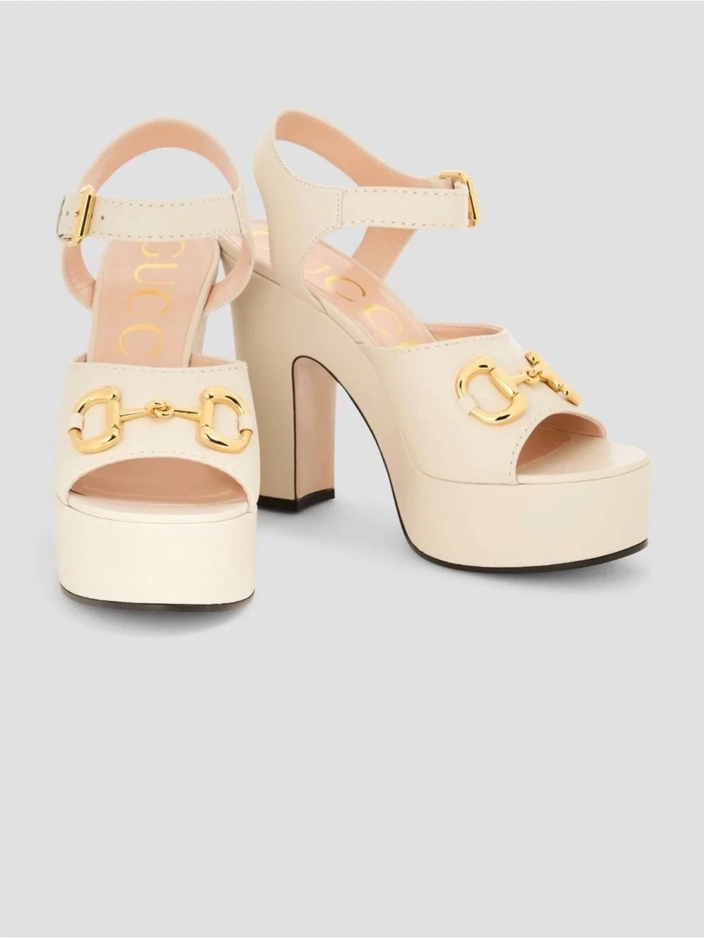 Gucci Cream Platform Ankle-Strap Sandals with Gold Hardware